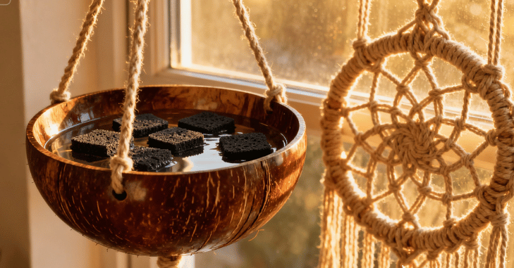Damp laundry drying on a rack inside a room