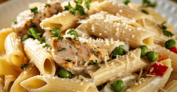 Bowl of penne pasta tossed in tomato sauce