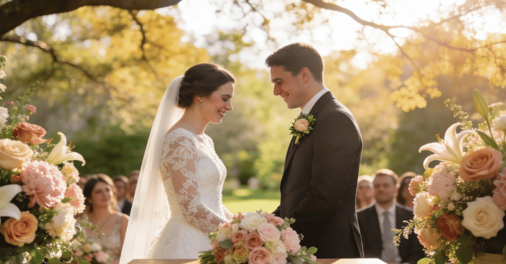 Bride and groom exchanging vows at an outdoor ceremony
