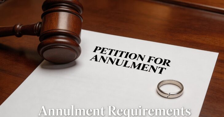 Wedding rings resting on annulment paperwork