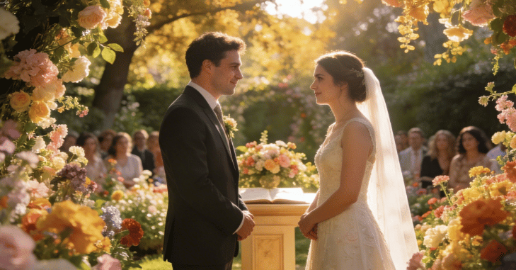 Couple holding hands in front of a wedding officiant