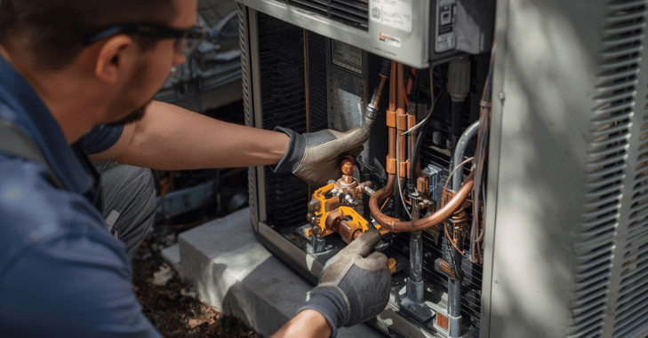 Technician installing an outdoor air conditioning condenser