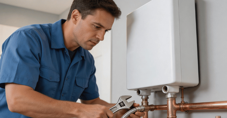 Basement utility area with softener tank and plumbing valves