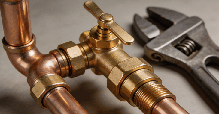 Tools and fittings laid out for a water treatment install