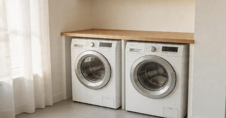 Folded clean towels resting on top of a dryer