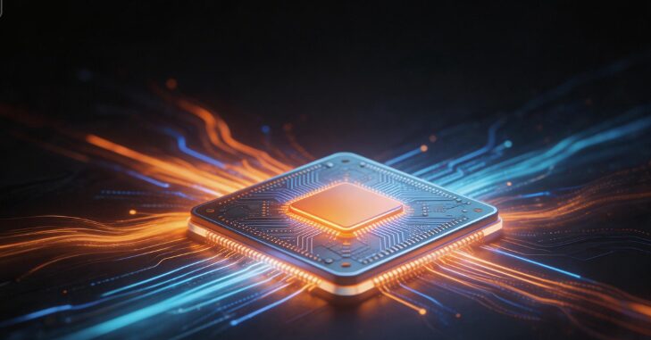 Computer processor chip held between two fingers